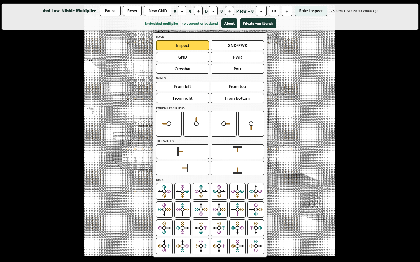 A 256 by 256 Cartilage WebGL fabric containing the open low-nibble multiplier, with operand, New GND, role placement, pause, reset, zoom, and inspection controls