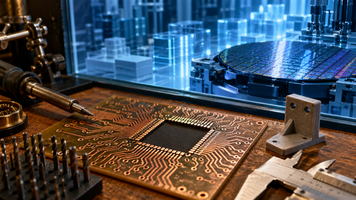 Maker bench leading toward an inaccessible chip fabrication boundary