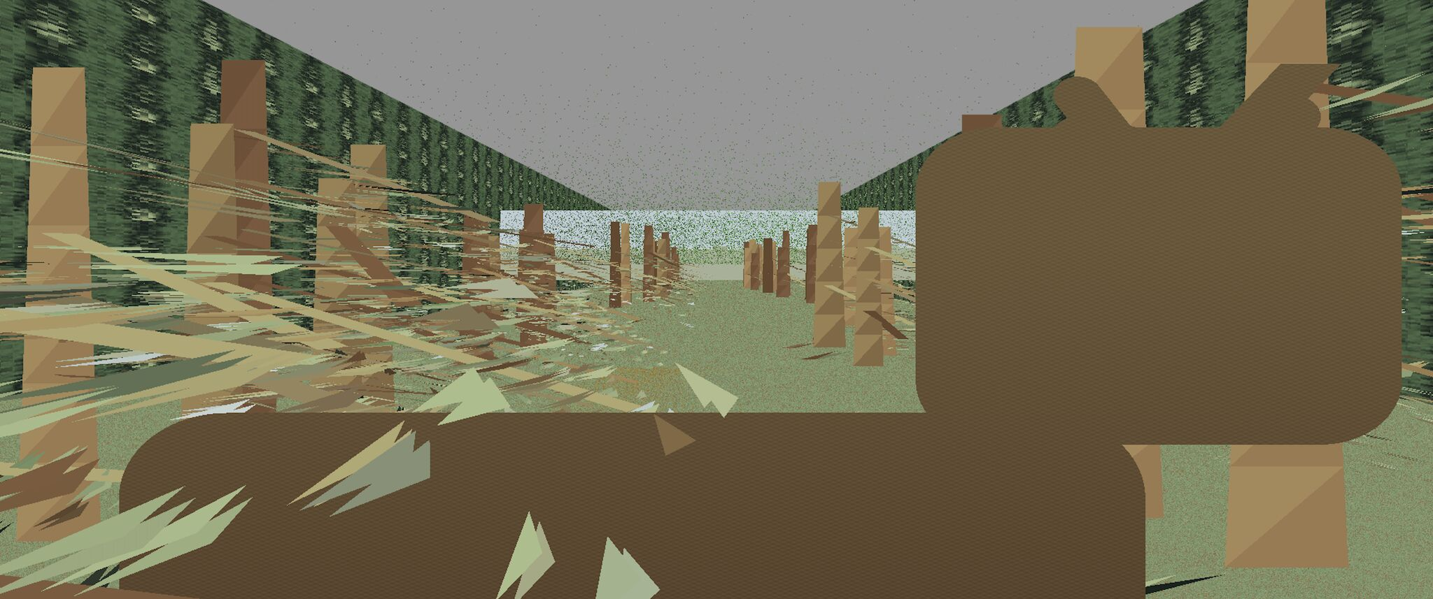 Scanline-rendered forest corridor with procedural SDF textures and a deer sprite