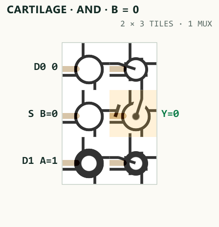 Actual Cartilage GLSL fabric rendering of the AND MUX branch with B zero, forcing Y to zero.