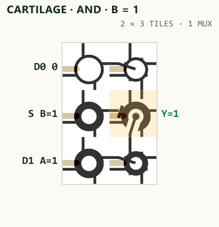 Actual Cartilage GLSL fabric rendering of the AND MUX branch with B one, passing A to Y.