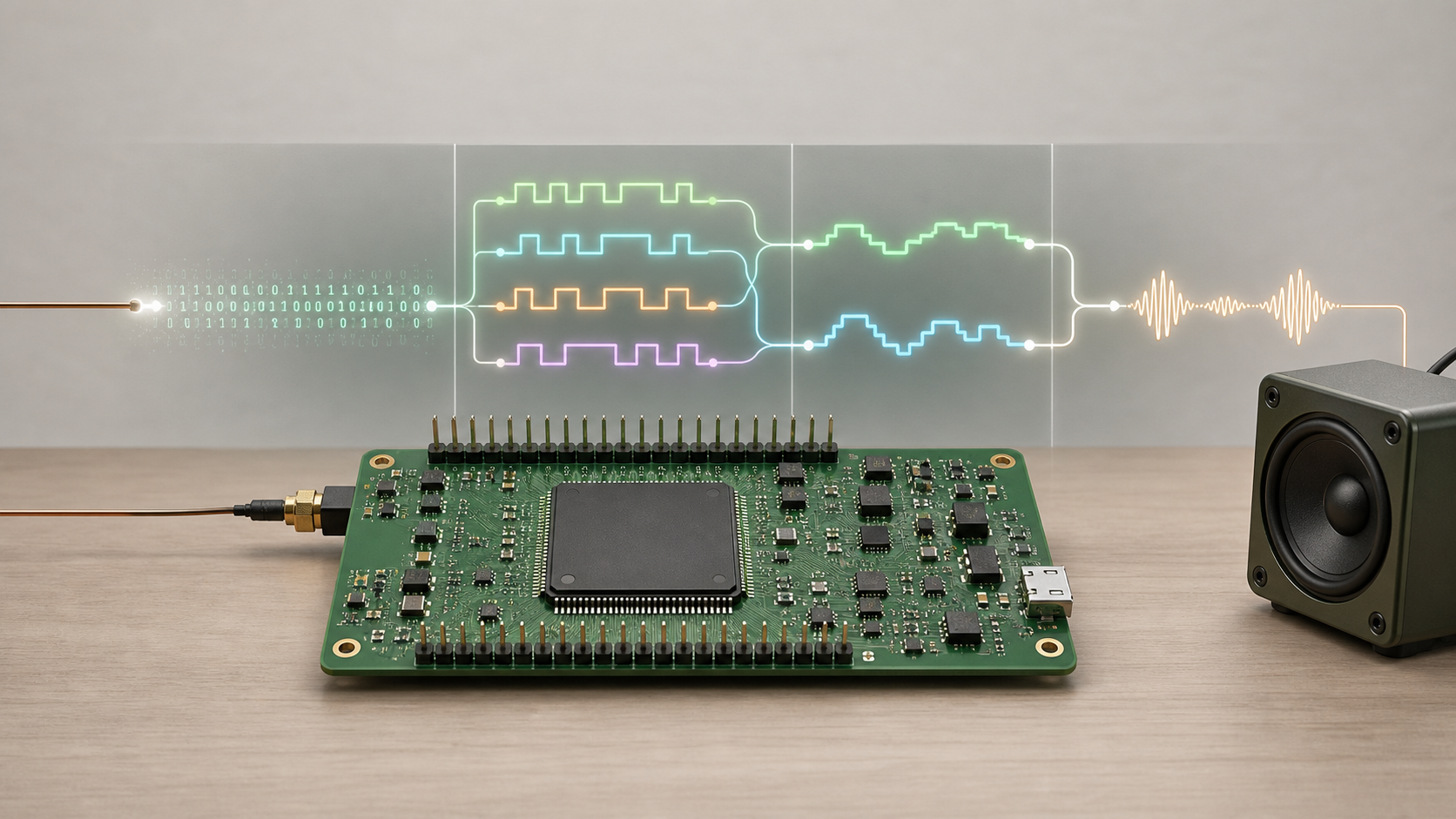 Illustrated one-pin FPGA FM receiver path from thresholded RF to recovered audio
